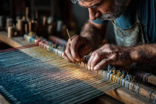 A man is weaving on a loom photo