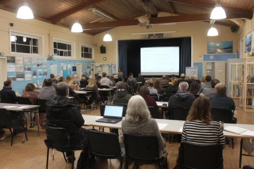 A large room with people sitting at tables and laptops photo
