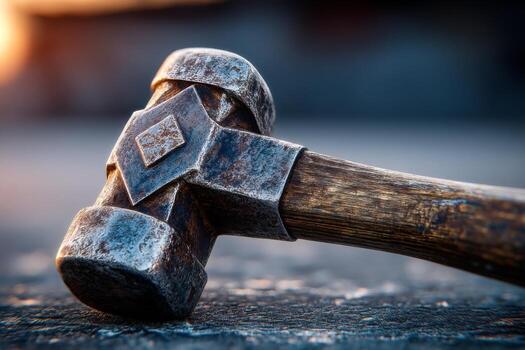 A hammer on the ground with a sunset in the background photo