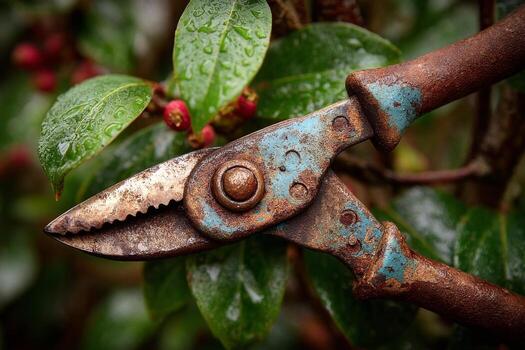 A rusty pair of scissors is holding a branch photo