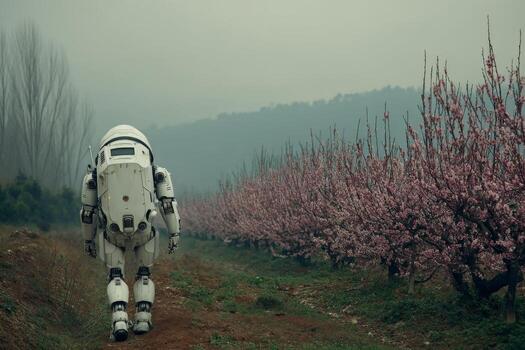 A robot walking through a field of cherry trees photo