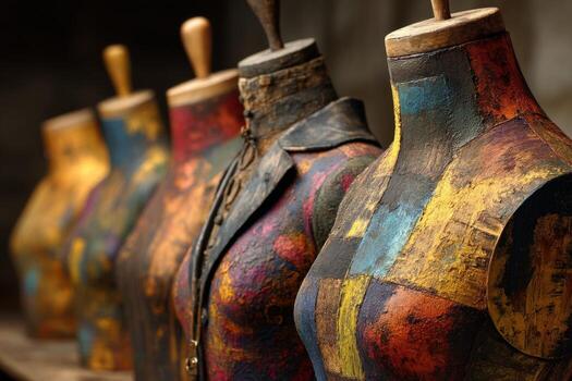 A row of mannequins with colorful paint on them photo
