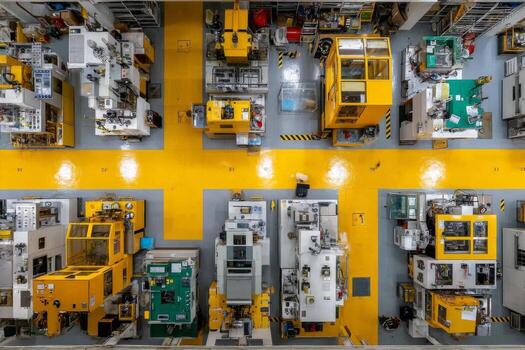 An overhead view of a factory with many machines photo
