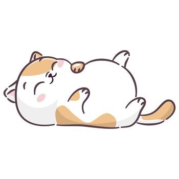 A cute cat on a white background in a simple children's style. The kitten is sleeping on its back with its belly up. vector