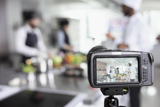 Culinary professionals recording a cooking school tutorial on camera, demonstrating food prep and plating techniques for an internet audience. Hosting a training master class. photo