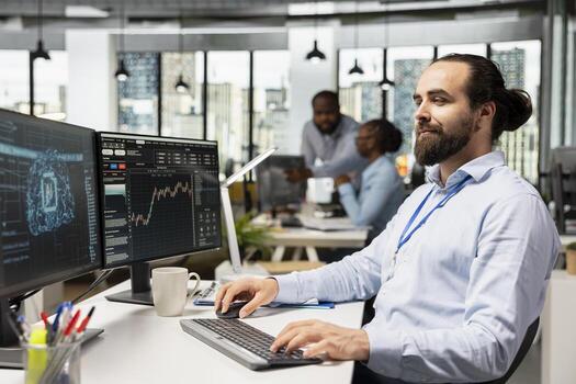 Trader in office using machine learning models to enhance predictive accuracy of stock market movements. Prop firm professional leveraging AI to optimize trading strategies photo