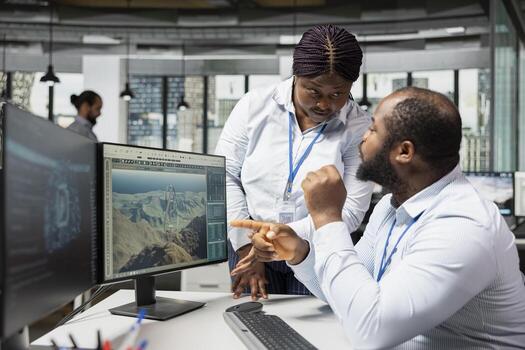 Team of technicians use AI assistant to analyze advanced wind turbine models, improving efficiency. Teamworking colleagues use artificial intelligence to create innovative VAWT turbine in CAD software photo