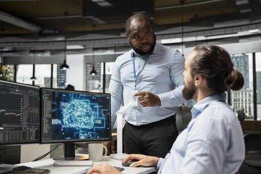 Brokerage team leader and specialist leverage AI to optimize trading strategies. Manager supervising trader in office using deep learning to enhance predictive accuracy of stock exchange movements photo