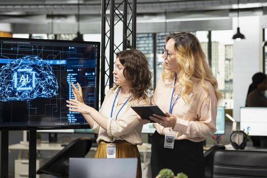 Team of coworkers using strategic artificial intelligence cloud computing to conduct data analysis, optimized decision making and project forecasting. Development with AI automation. photo