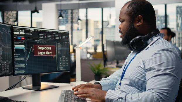 Stressed trader at work investigating suspicious access on trading account after system triggers warning. Broker worried about security popup on PC about attempted breach of client account photo