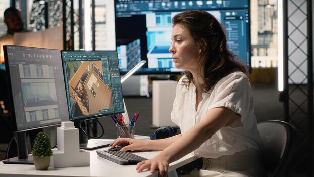 Property developer analyzing real estate blueprints and infrastructure design with software tools, planning residential expansion and layout with walls structure for new construction. photo