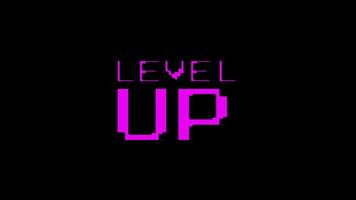 nível acima animação do em loop texto com falha efeito em Preto fundo. jogos tela poupador acima nível. video