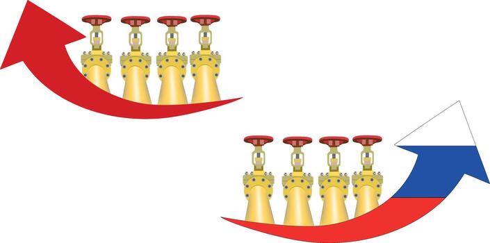 Gas pipeline with valves and red arrow increasing and russian flag arrow decreasing vector