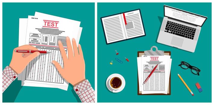 Hands reviewing a test paper and study materials vector