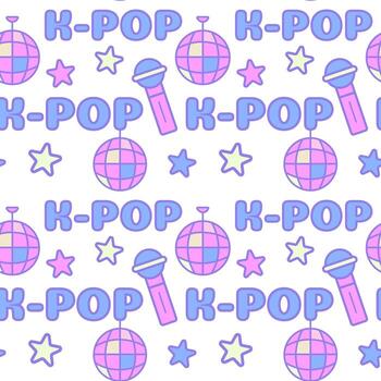 k-pop temática sin costura modelo con texto, micrófono, disco pelota y estrellas en pastel paleta para envase, textil y web diseño vector