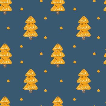 sin costura modelo con estilizado amarillo Navidad arboles y que cae copos de nieve en oscuro azul antecedentes para invierno envase papel y festivo diseño vector