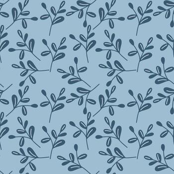 Monochrome seamless pattern with dark blue branches and leaves on soft blue background for elegant winter textile and wrapping vector