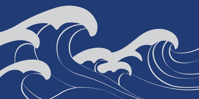 Bold Japanese wave pattern in deep blue and white. Stylized curves with strong flowing lines create a dynamic ocean design for backgrounds and surface prints. vector