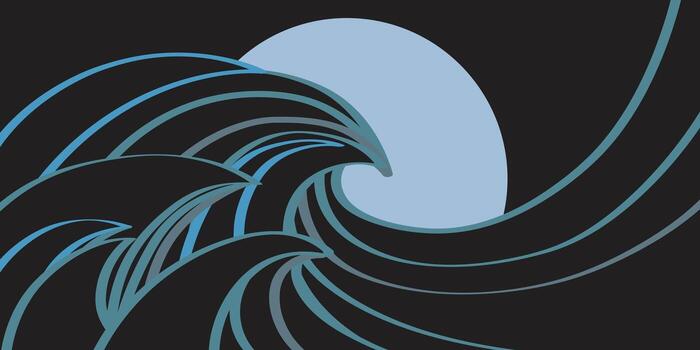 Modern and minimal Japanese wave illustration with bold curved lines in teal and blue. A pale moon rises behind dark waves, creating a dramatic ocean scene for design use. vector