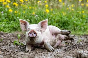 adorable lodoso cerdito laminación alegremente en el suciedad con flores foto