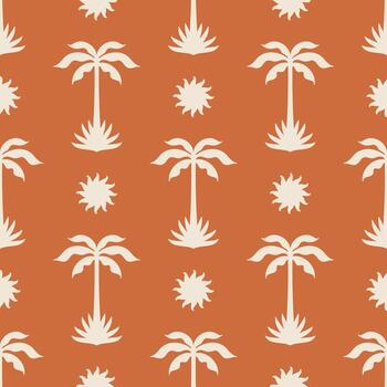 Summer boho seamless pattern with palm trees and sun. Background design. Repeating print for fabric vector