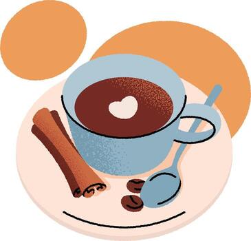 Flat lay composition with a cup of coffee on a saucer, accompanied by a teaspoon, coffee beans, and cinnamon sticks. Minimalist style, top view. vector