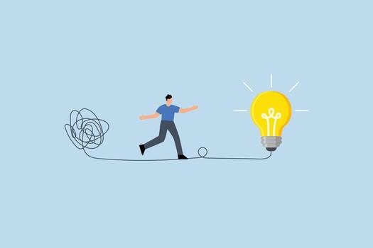 Simplify idea to find solution, businessman is leaving behind a chaotic mess and heading towards a simple idea represented by a lightbulb. vector