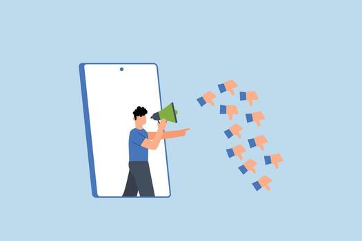 Internet hater, angry young man using megaphone while shouting from mobile phone with negative thumbs down icons vector