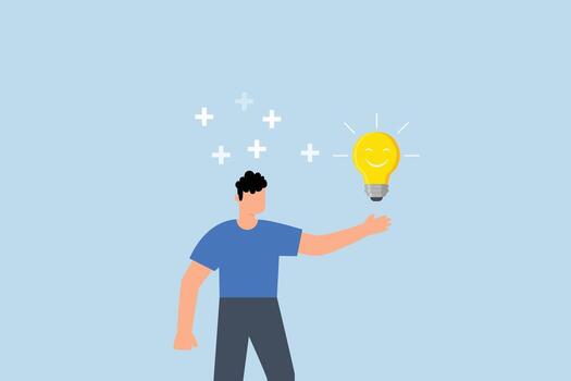Positive thinking, Smiling businessman holds a lightbulb idea with surrounding positive vibes vector