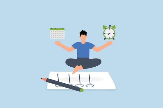 self control to complete work, Businessman finds peace in meditation while juggling between time and deadlines on a paper filled with completed tasks vector
