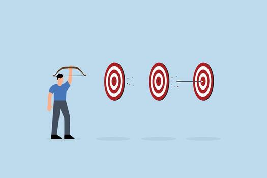 terminado múltiple Tareas con soltero acción, inteligente empresario sobresalió en tiro al arco por golpear múltiple diana con un soltero flecha vector