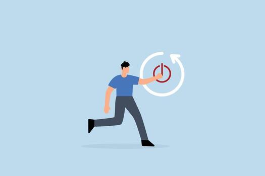 Time to reboot business, businessman cautiously extends his finger to push the reboot or restart button vector