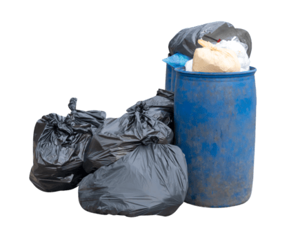 Garbage in black garbage bag and blue bins in stack at garbage dump isolated with clipping path in file format png
