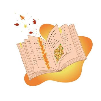 Composition of an open book with flying leaves in autumn style, hand drawn on a gradient background vector