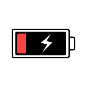 Low battery icon with a red bar and lightning bolt on a white background. vector