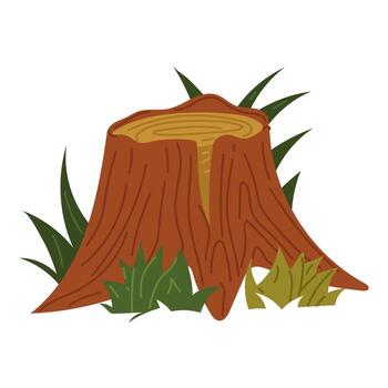 felled stump overgrown with grass. flat colored isolated illustration. An object in the forest. wide stump, a former tree in colored grass. design for postcards. picnic, hike, or walk in forest vector