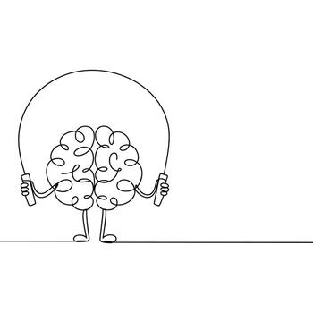 Brain character jumping rope in continuous line art vector