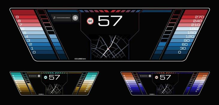 Display features various speed readings, a navigation map, and a sleek design suitable for a contemporary car dashboard. Digital elements enhance user interaction. vector