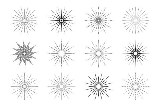 Sunburst rays collection. Vintage radial sun starburst line elements. Retro decorative rays and light explosion effect. Isolated set. vector