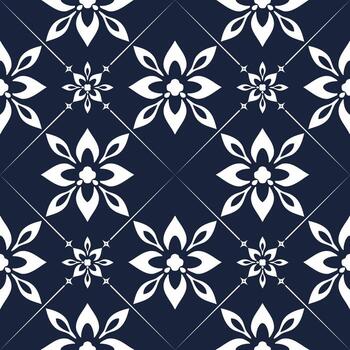 A repeating pattern of elegant white floral design against a navy blue background, creating a seamless, stylish appearance vector