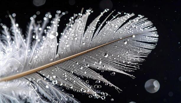 A close-up view of a delicate feather, adorned with glistening water droplets, creating a captivating and intricate texture against a dark background. photo