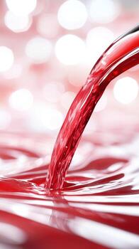Abstract red liquid pouring creating ripples and bokeh background photo