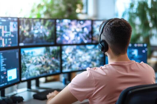 Person working with multiple computer screens data analysis and technology setup photo