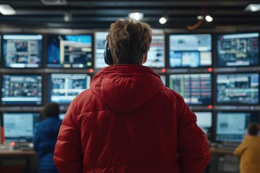Person watching multiple monitors in control room data analysis network solution photo