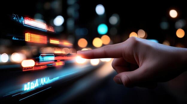 Digital interface interaction with glowing data visualization technology photo