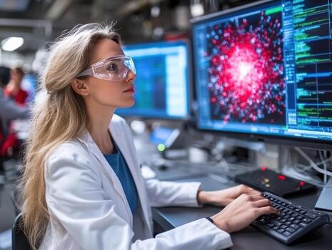 Researcher typing on keyboard analyzing data on computer screen in lab photo