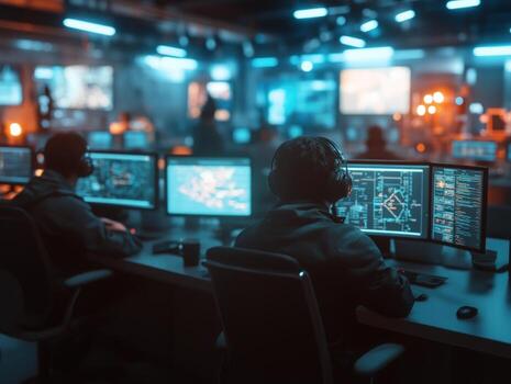 Computer programmer data analysis cybersecurity expert working on multiple monitors photo