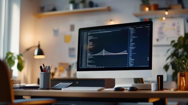 Computer displaying code in a warmly lit workspace for technology and productivity photo