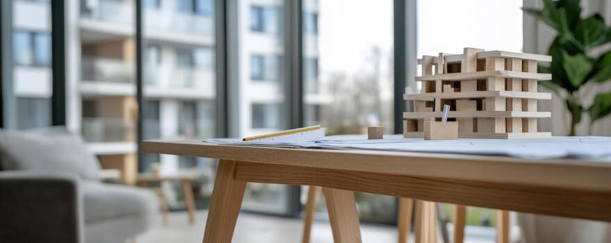 Architectural model on tabletop with blueprint and building background photo