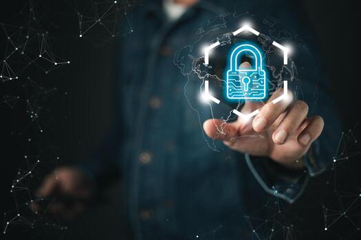 un empresario interactúa con un futurista digital interfaz mostrando un brillante candado icono, simbolizando seguro ciber datos proteccion, privacidad, cifrado, y en línea seguridad medidas. foto